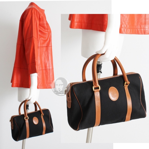 Mark Cross Satchel Handbag Black Twill Canvas & Saddle Leather Trim Vintage - Picture 3 of 13